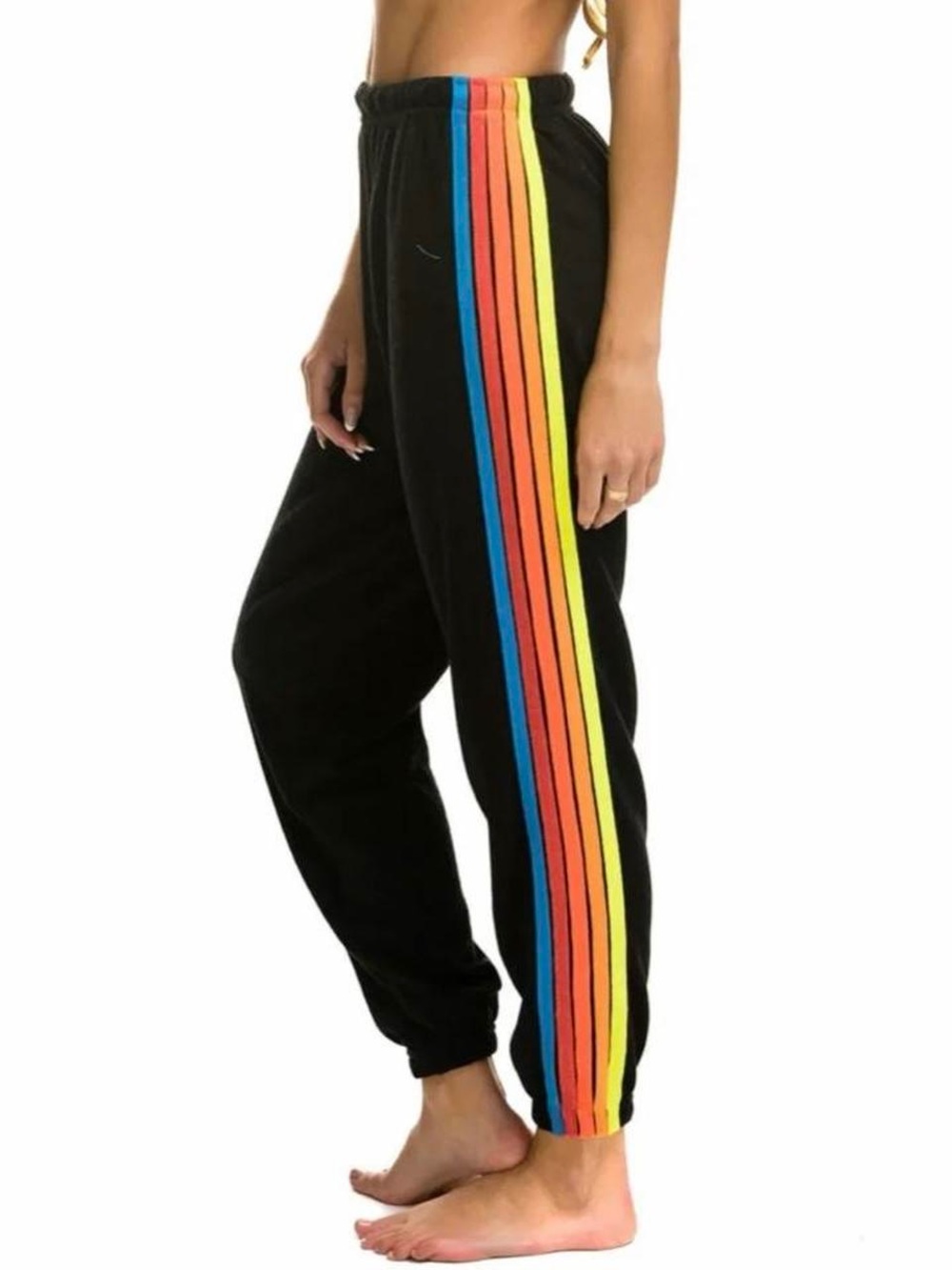 Aviator Nation Black Sweatpants with Neon Rainbow Side Stripes